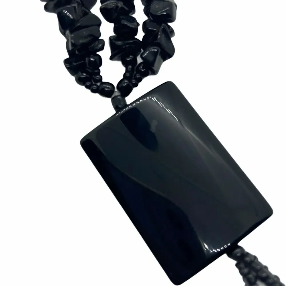 Women's Black Onyx Screw Clasp Beaded Chip Rectangle Pendant Necklace 13 inches